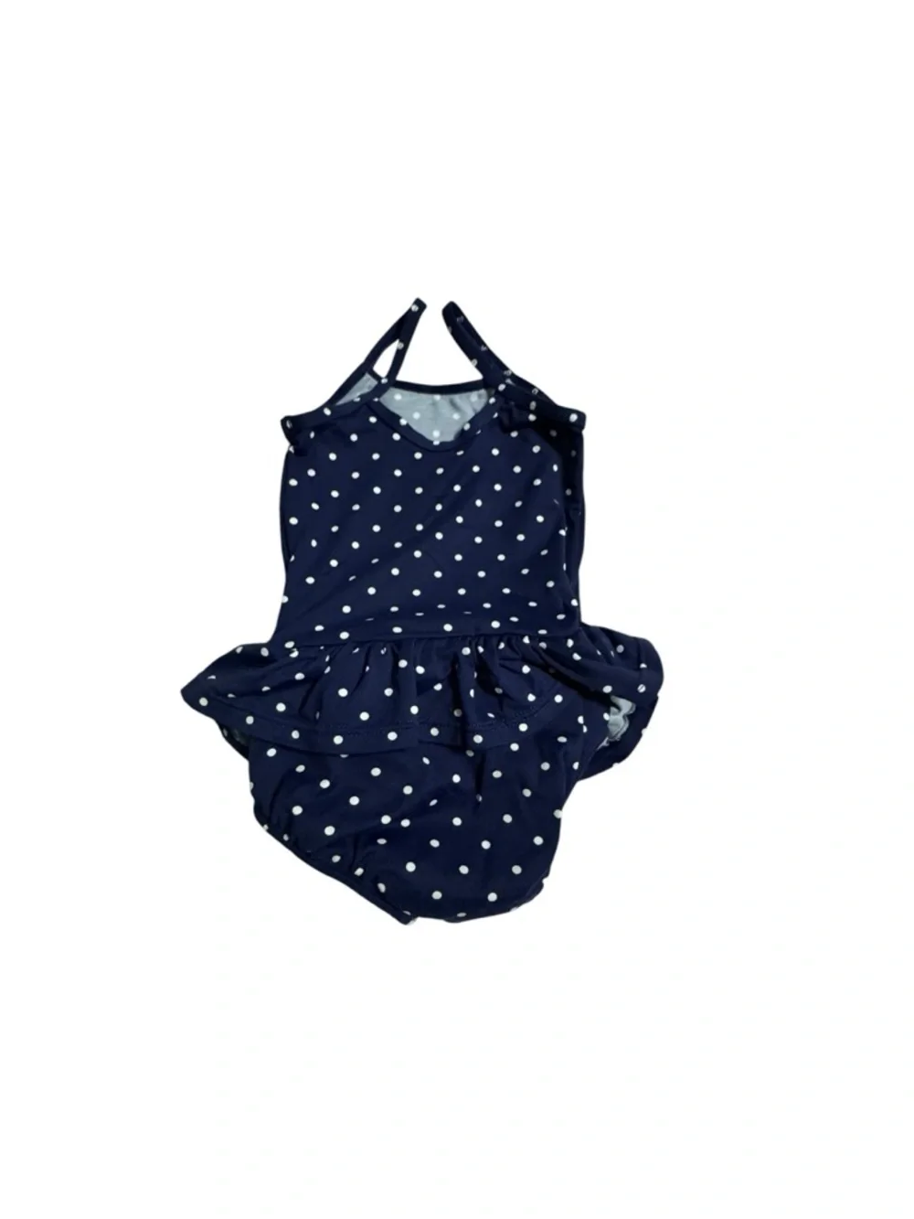 JoJo Maman Bebe Navy and White Polka Dot One-Piece Swimsuit with Ruffle Skirt
